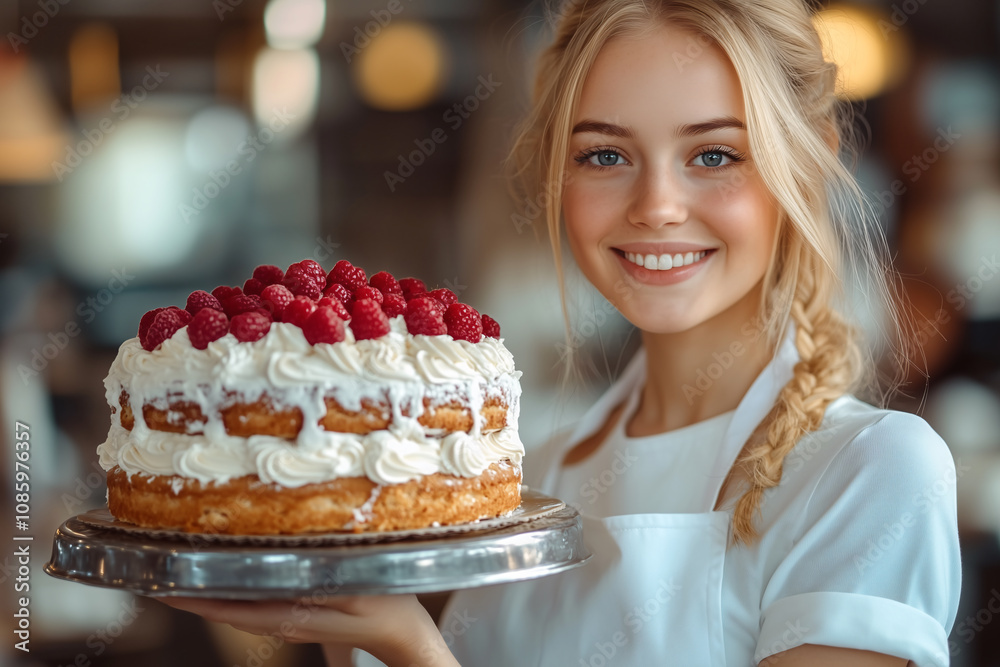 Young pretty blonde girl at indoor in chef uniform Young pretty blonde girl at indoor in chef uniform