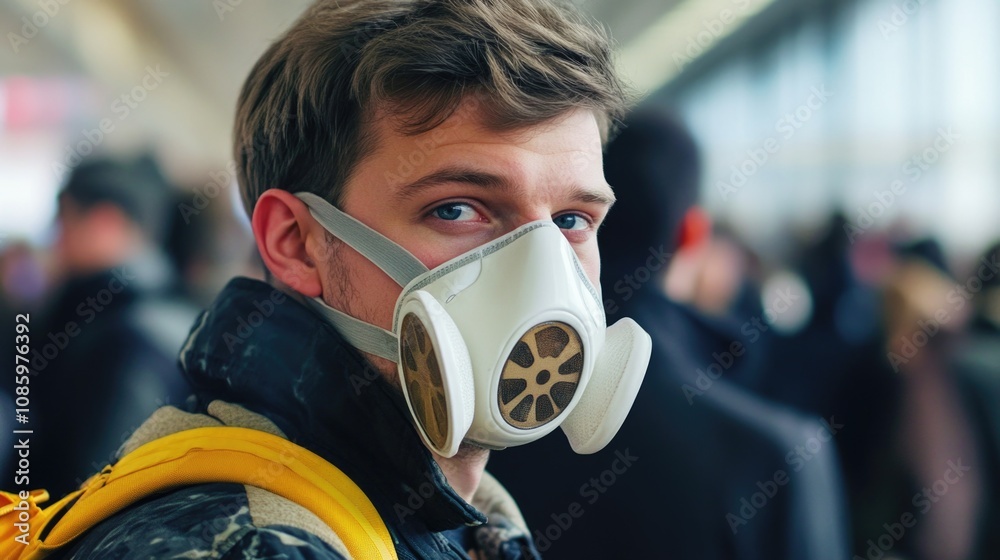 A person wearing a gas mask and carrying a backpack, possibly for outdoor or survival purposes A person wearing a gas mask and carrying a backpack, possibly for outdoor or survival purposes