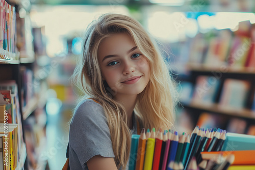 Young pretty blonde girl at indoor in a library