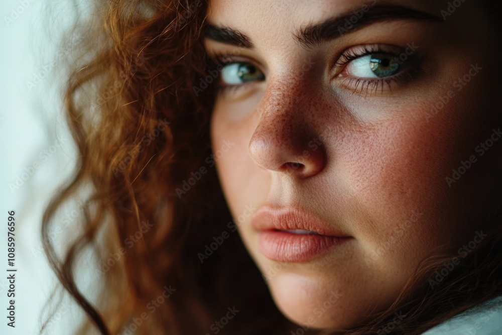 A close-up portrait of a woman with distinctive freckles on her facial skin A close-up portrait of a woman with distinctive freckles on her facial skin