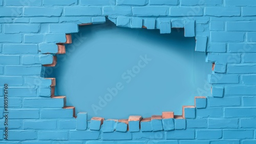 Breaking Through: A vibrant blue brick wall with a hole dramatically reveals an inviting blue backdrop, symbolizing opportunity and breaking boundaries.