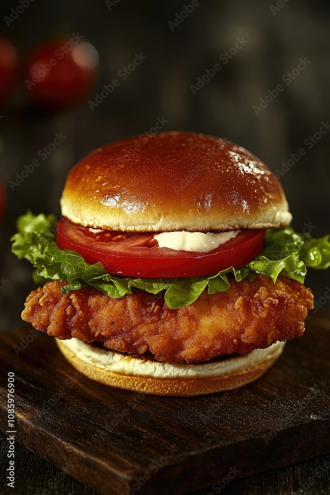 Freshly made chicken sandwich with lettuce and tomato on a wooden board, perfect for a casual meal or picnic Freshly made chicken sandwich with lettuce and tomato on a wooden board, perfect for a casual meal or picnic
