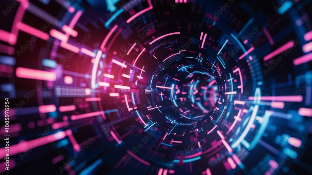 Cybernetic Abstraction: A vibrant, futuristic design featuring a tunnel-like structure of interconnected lines and digital patterns in shades of blue and magenta, illustrating innovation and progress. Cybernetic Abstraction: A vibrant, futuristic design featuring a tunnel-like structure of interconnected lines and digital patterns in shades of blue and magenta, illustrating innovation and progress.