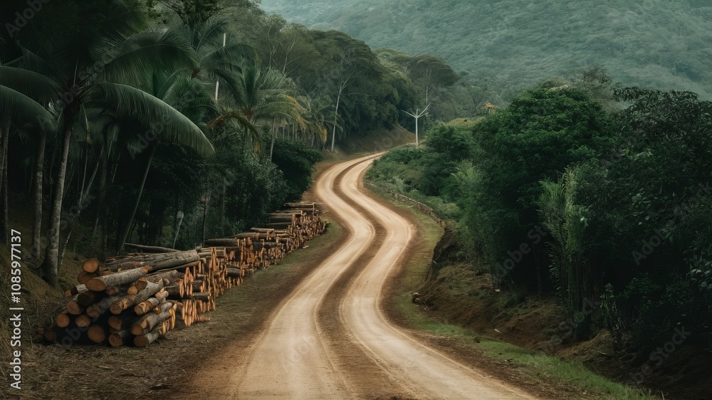 Winding Road through Lush Forest: An expansive view of a winding dirt road cutting through a dense, verdant forest landscape. Winding Road through Lush Forest: An expansive view of a winding dirt road cutting through a dense, verdant forest landscape.