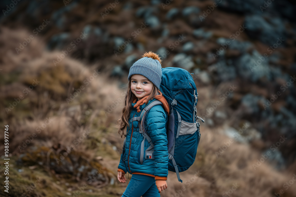 Little caucasian girl at outdoors with mountaineer backpack Little caucasian girl at outdoors with mountaineer backpack