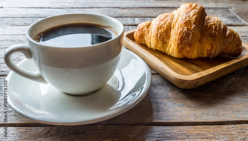 Freshly Baked Croissants and Coffee on a Wooden Table with Natural Light Background Freshly Baked Croissants and Coffee on a Wooden Table with Natural Light Background