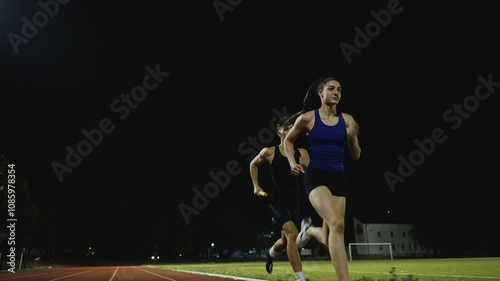 Athletes couple, male and female running a relay race and pass the baton on the athletics race track
