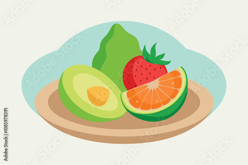 Minimalist Fruit Plate Perfectly Sliced Avocado, Grapefruit, and Strawberries
