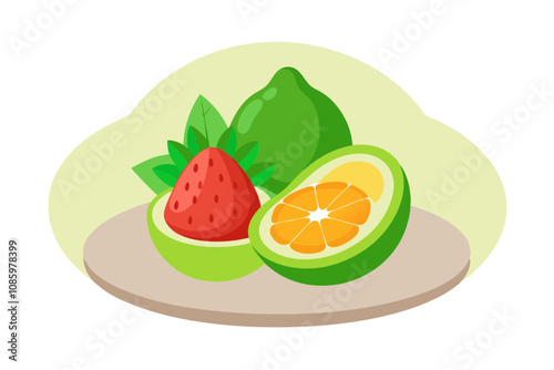 Minimalist Fruit Plate Perfectly Sliced Avocado, Grapefruit, and Strawberries