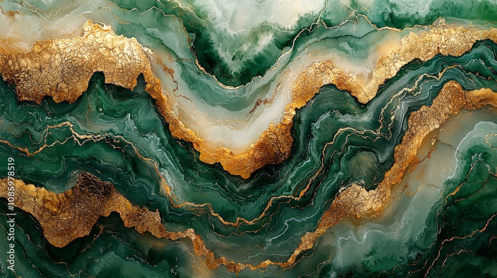 A vibrant abstract design featuring green and gold waves resembling natural stone textures. A vibrant abstract design featuring green and gold waves resembling natural stone textures.