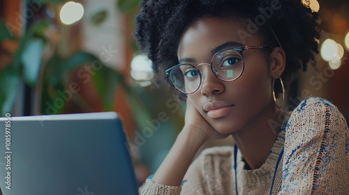 Young woman learning a language during online courses using a netbook in 2025, highlighting modern education and technology. photo