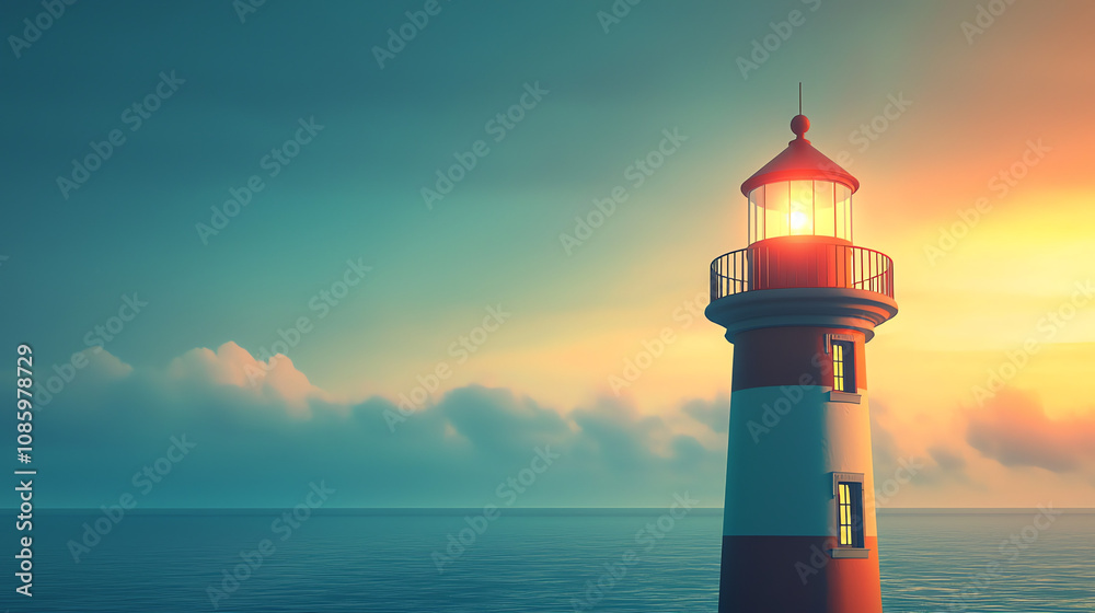 A lighthouse with a slight bend stands tall, gazing out over calm waters at sunset A lighthouse with a slight bend stands tall, gazing out over calm waters at sunset