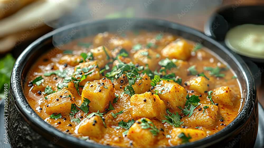 A bowl of indian vegetarian curry is shown spinning on the table, generative ai A bowl of indian vegetarian curry is shown spinning on the table, generative ai