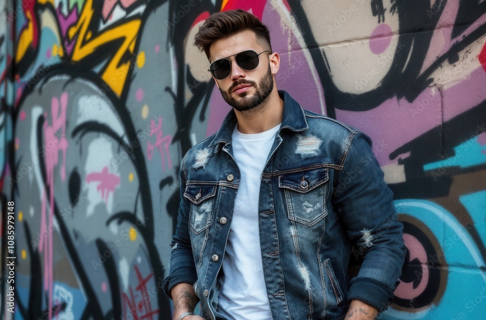 A stylish man with a beard wearing a denim jacket and sunglasses leans against a colorful graffiti-covered wall A stylish man with a beard wearing a denim jacket and sunglasses leans against a colorful graffiti-covered wall