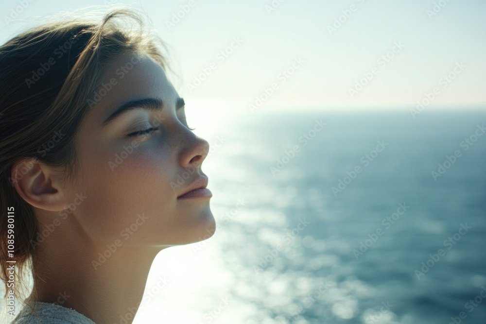 A woman with her eyes closed, taking in the view of the ocean A woman with her eyes closed, taking in the view of the ocean