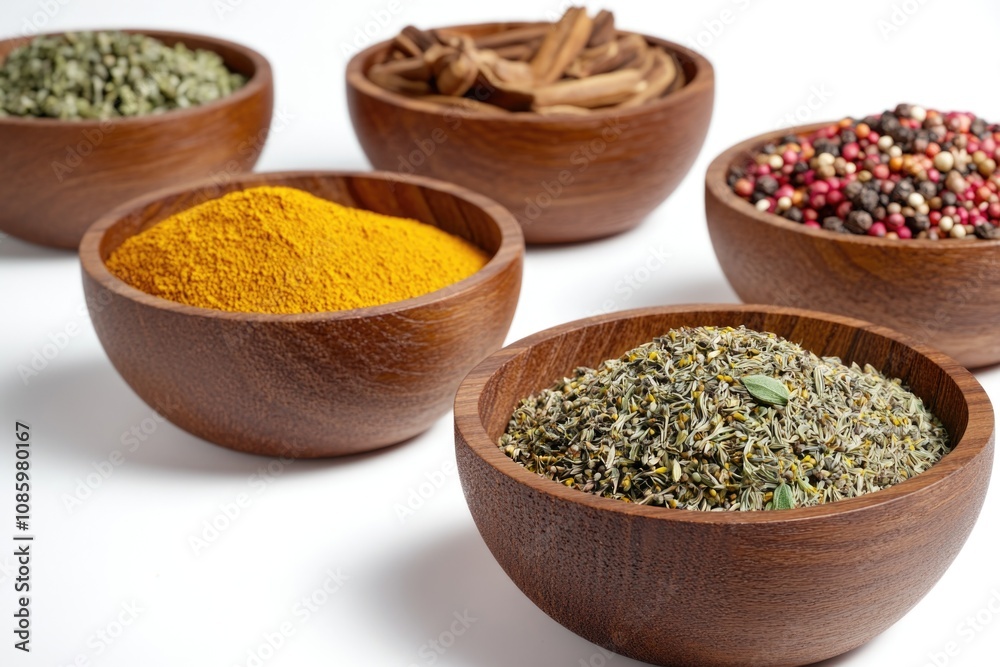 A collection of wooden bowls filled with various spices and seasonings A collection of wooden bowls filled with various spices and seasonings