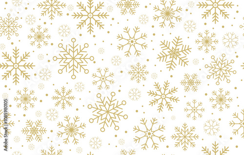 Christmas, New Year seamless pattern with golden snowflakes on the white background. Cute vector textures for wrapping paper. Winter holidays concept.