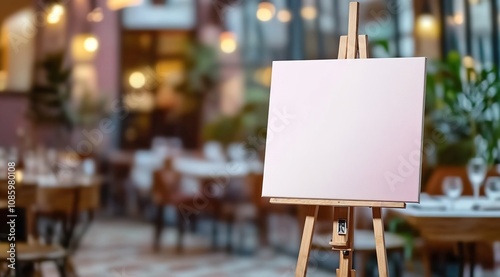  An empty white canvas on an easel in the foreground 