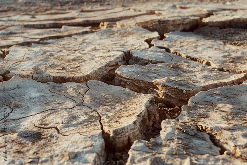 A close-up shot of a cracked ground with cracks and fissures visible photo