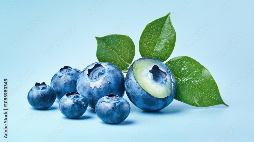 Fresh Blueberries with Soft Pulp and Green Leaves