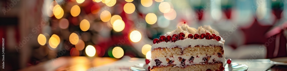 Fototapeta premium christmas cake with blurred tree in background.