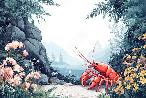 Red Crayfish Amidst Lush Mountain Flora
