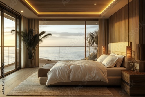 A comfortable bedroom with a large bed and a beautiful view of the ocean