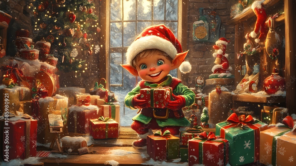 A cheerful elf wrapping presents in Santas workshop A cheerful elf wrapping presents in Santas workshop
