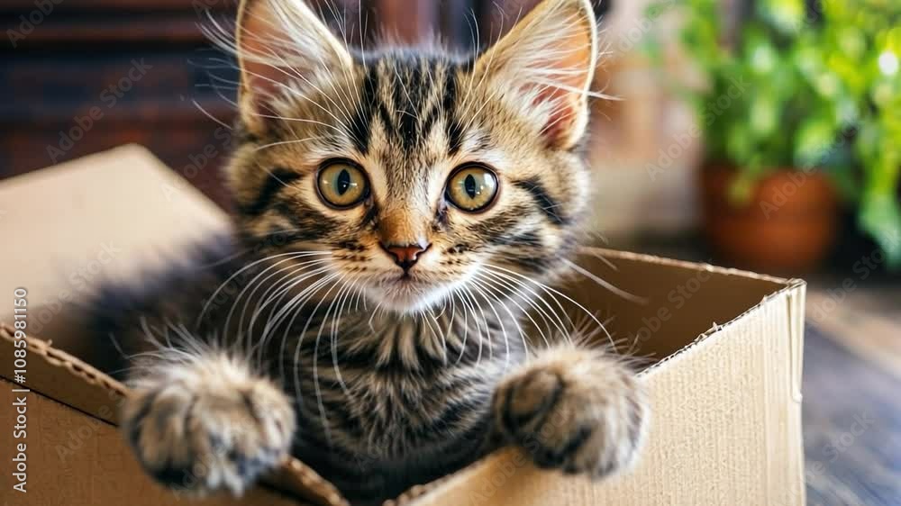 Curious Kitten in Cardboard Box: A tabby kitten with striking green eyes peers out from a cardboard box, embodying the playful curiosity and charm of felines. Curious Kitten in Cardboard Box: A tabby kitten with striking green eyes peers out from a cardboard box, embodying the playful curiosity and charm of felines.