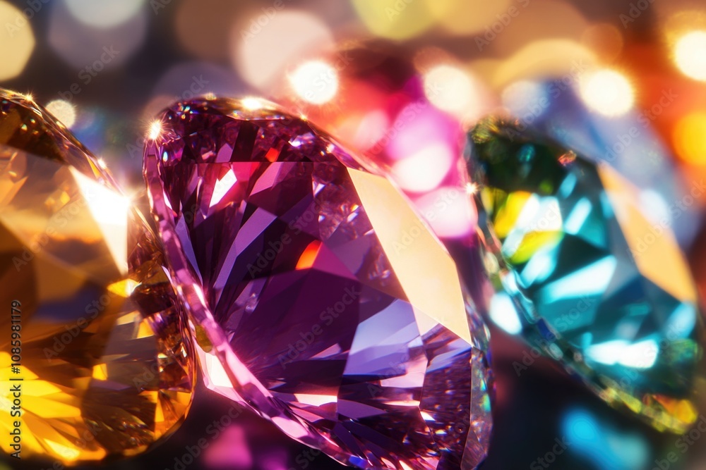 A close-up view of various colored diamonds