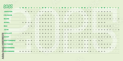Calendrier 2025, Dates Horizontales, couleur vert