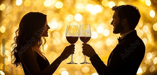 Silhouette of Couple Toasting Wine on New Year's Eve photo