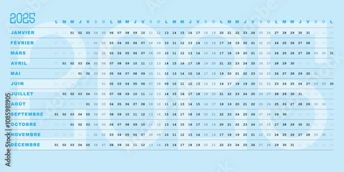 Calendrier 2025, Design simple avec Dates Horizontales, couleur bleu