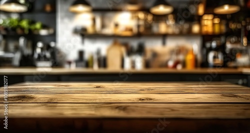 Empty wooden table top with a blurred kitchen interior background for product display 