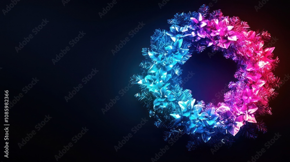 A glowing Christmas wreath with a gradient transition from electric blue to neon pink, softly lit on a black canvas A glowing Christmas wreath with a gradient transition from electric blue to neon pink, softly lit on a black canvas