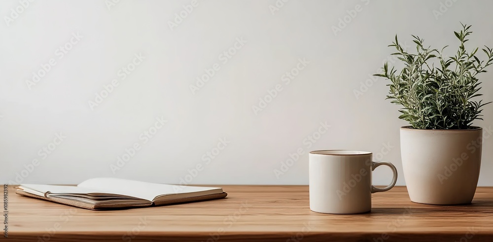 A blank white wall behind an empty desk with a coffee mug and notebook A blank white wall behind an empty desk with a coffee mug and notebook