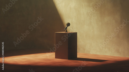 A dimly lit podium with a toppled microphone suggesting an urgent message left unsaid during an unspecified event photo