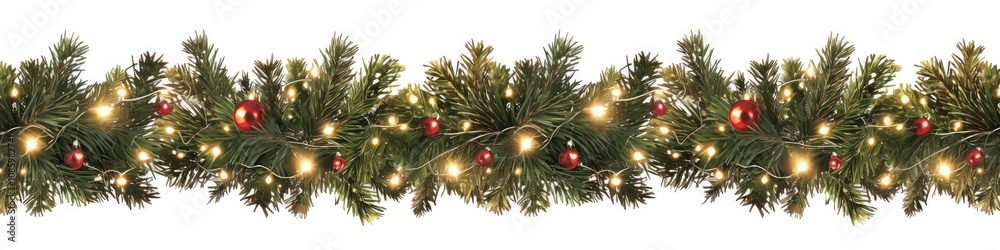 Christmas garland with lights and red ornaments, featuring a long strip of pine branches beautifully decorated for the holiday season, ideal for creating holiday banners, greeting cards, web elements