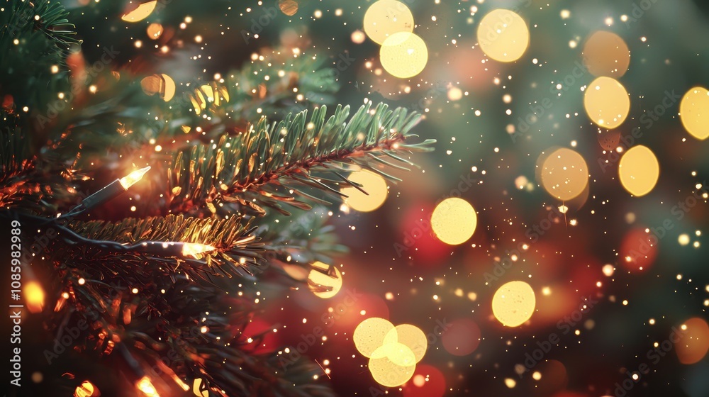 Blurred Christmas holidays lights bokeh, creating a festive and magical background effect.