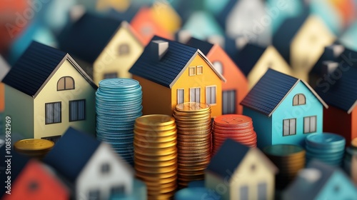 Miniature Houses Surrounded by Stacks of Coins