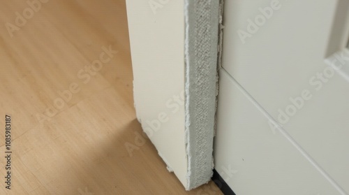 A closeup view of weather stripping applied to a door frame, showcasing the texture and detail of the material. The setting is a well-lit home environment, emphasizing functionality and insulation.