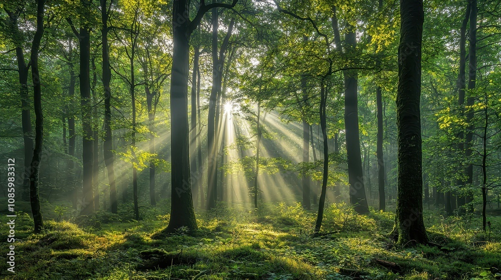 Fototapeta premium Silent forest in spring with bright sun rays, emphasizing tranquility and natural beauty.