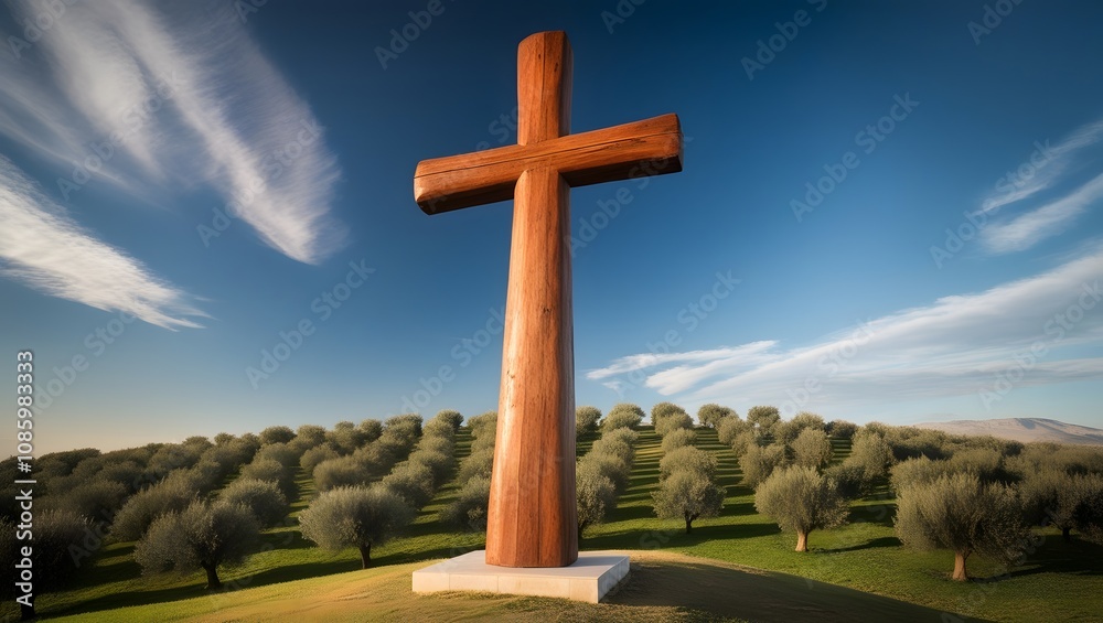A large wooden cross stands tall on a high hill. A large wooden cross stands tall on a high hill.