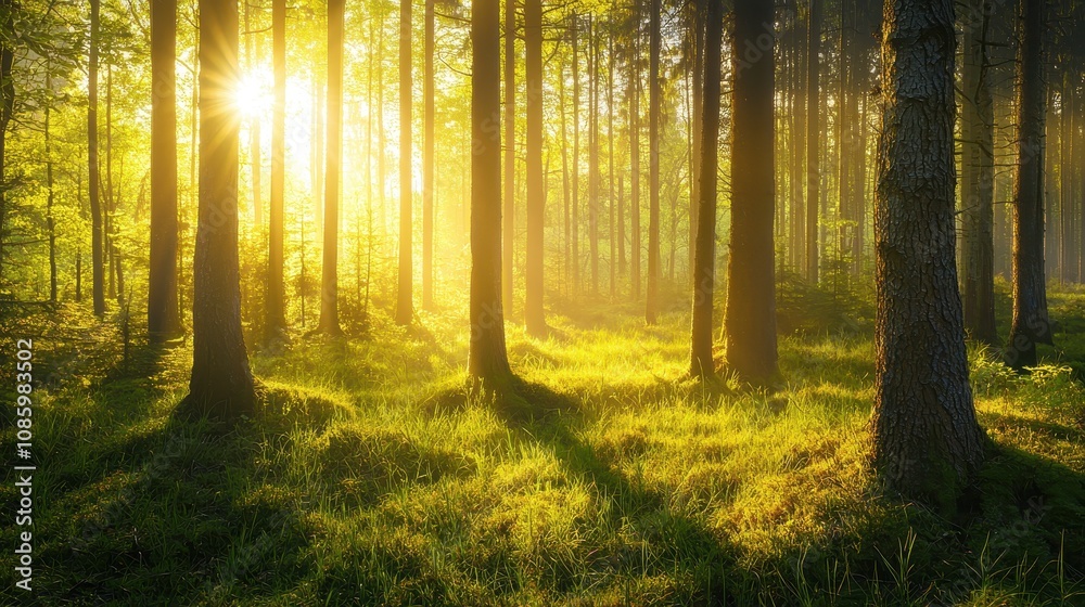 Fototapeta premium Silent forest in spring with bright sun rays, emphasizing tranquility and natural beauty.