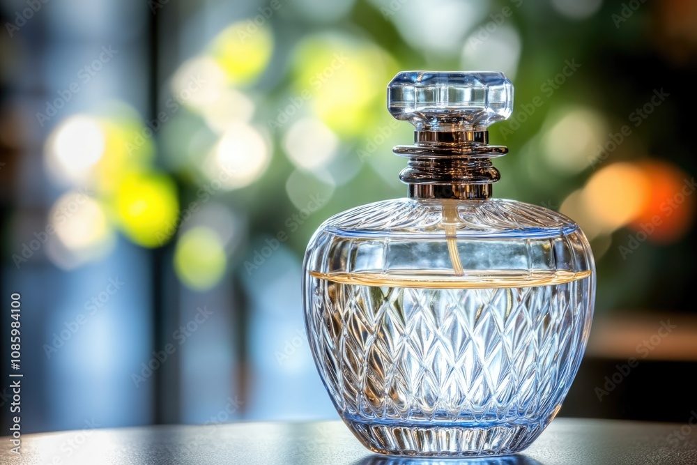 A perfume bottle sits alone on a table, waiting for use