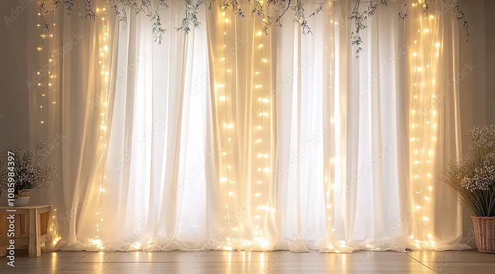 White sheer curtain backdrop with fairy lights White sheer curtain backdrop with fairy lights