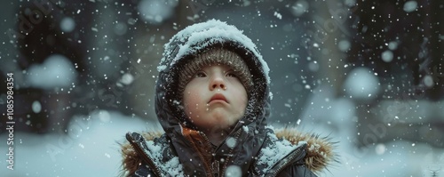 child in winter jacket outside.