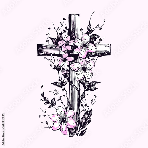 Christian Cross made of green leaves and white Lily flowers. Watercolor illustration for design for Easter, Epiphany, Christening, invitations, postcards, packaging.
