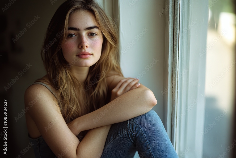 A young woman sits on a window sill, looking out at the view A young woman sits on a window sill, looking out at the view