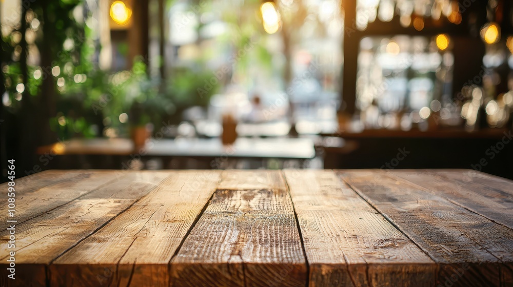 Empty rustic wood table with blurred soft light in a restaurant, ideal for product display and business presentation. Empty rustic wood table with blurred soft light in a restaurant, ideal for product display and business presentation.